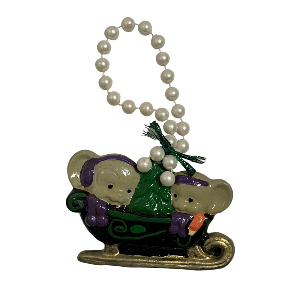 Vintage Mice on Sled with Christmas Tree Ceramic Christmas Ornament